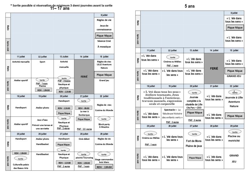 Planning Vacances Centre Social Mosaique